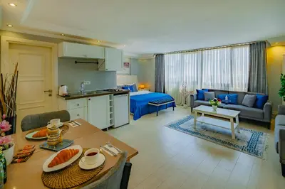 a kitchen and a living room with a table and a couch at Galata Nil Suite in Istanbul