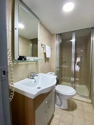 a bathroom with a sink and a toilet and a mirror at Kafkas Hotel Istanbul in Istanbul