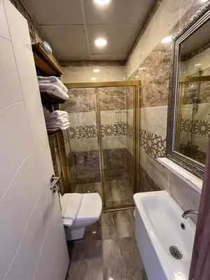 a bathroom with a shower and a toilet and a sink at Mutlu terrace in Istanbul