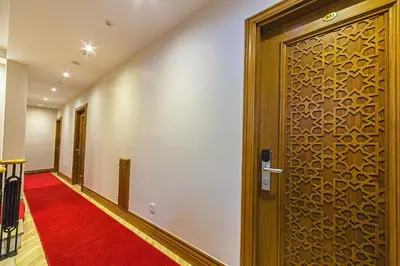a hallway with a wooden door and a red carpet at Hotel Spectra Sultanahmet in Istanbul