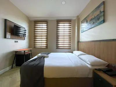 a bedroom with a large bed and two windows at Valens Butik in Istanbul