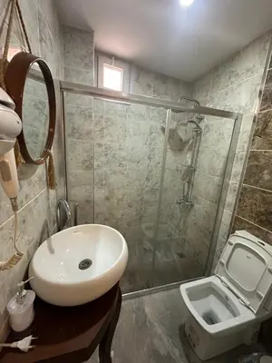 a bathroom with a sink and a shower and a toilet at Sevil new apart in Istanbul