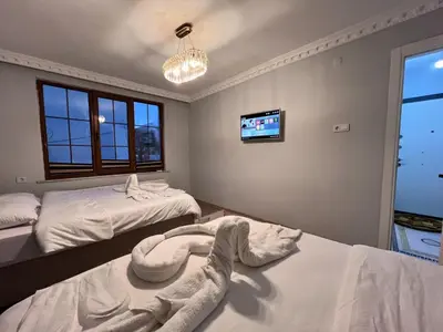 a bedroom with two beds and a tv on the wall at Sultanahmet Apart Hotel in Istanbul