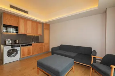 a living room with a couch and a kitchen at Meroddi Beyoğlu Residence in Istanbul
