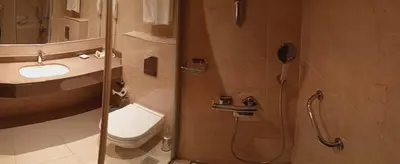 a bathroom with a shower and a toilet and a sink at Adranos Hotel in Bursa