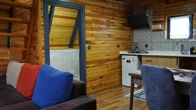 a living room with a couch and a kitchen at Hilltop Bungalov Sapanca 1 in Sapanca