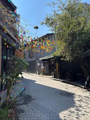 a street with a tree and a bunch of flags at Pink House - Central Location by Seashore, Fiber Internet in Istanbul