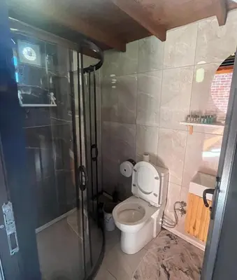 a small bathroom with a toilet and a shower at Flamingo aura in Sapanca