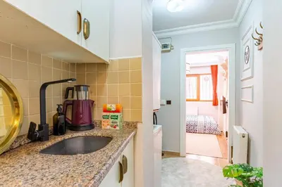 a kitchen counter with a sink in a room at Galata Hidden Apartments in Istanbul