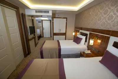 a hotel room with two beds and a television at Ruba Palace Thermal Hotel in Bursa