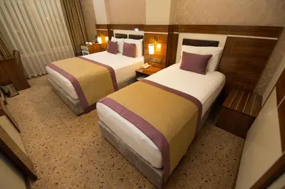 a hotel room with two beds in a room at Ruba Palace Thermal Hotel in Bursa