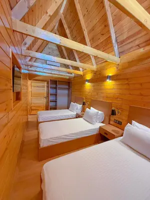 two beds in a room with wooden walls at Navy Inn & Bungalows in Arnavutköy