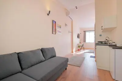a living room with a gray couch and a kitchen at Casa Nozze 3 in Istanbul