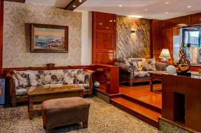 a living room with two couches and a fireplace at Peak Star Hotel in Istanbul