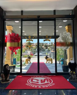 a window view of a store with two dogs walking on a red rug at City Night Hotels Ümraniye in Umraniye