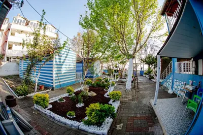 a garden with plants and trees on a patio at Devrim Apart in Ocaklar