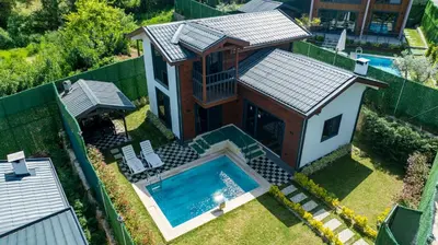 an overhead view of a house with a swimming pool at Rubin Sapanca in Sapanca