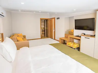 a bedroom with a large white bed and a television at Quinnova Hotel in Istanbul