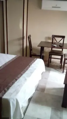 a bedroom with a bed and a table and a chair at Lena Central Flats in Bursa