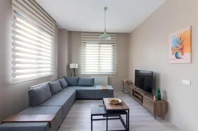 a living room with a couch and a tv at Beautifully Designed 3BR Duplex in Prime Göktürk in Kemerburgaz