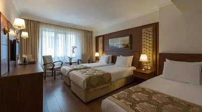 a hotel room with two beds and a desk at Hotel Yigitalp Istanbul in Istanbul