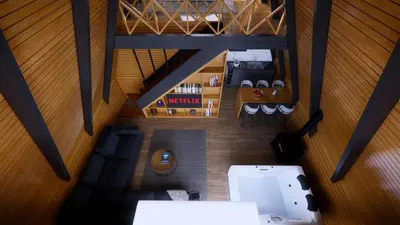 an overhead view of an office with a table and chairs at Redka Bungalov Resort in Ulupelit