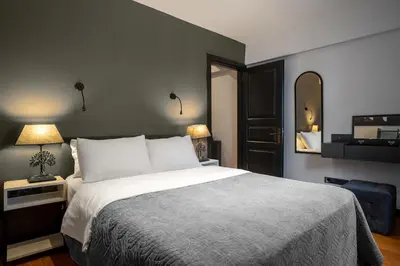 a bedroom with a large bed and a mirror at Designed 2BR Rooftop Duplex with Private Terrace in Istanbul