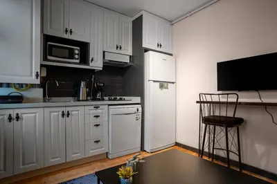 a kitchen with white cabinets and a white refrigerator at Cozy Urban 1BR Nest with Balcony Charm in Istanbul