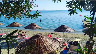 a beach with umbrellas and people in the water at ADASU Otel in Marmara