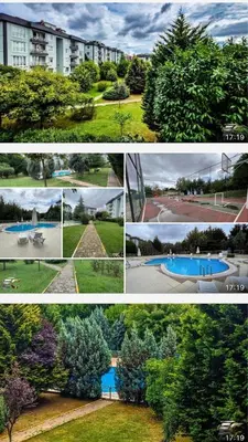 four different pictures of a building and a pool at Sabina gokcene 5 dk in Istanbul