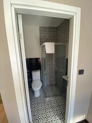 a bathroom with a toilet and a shower at Nest Ortaköy in Istanbul
