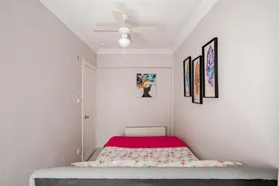 a bedroom with a bed and a ceiling fan at Kadıköy ün Kalbinde Tarihi Rahat Sessiz Daire in Istanbul
