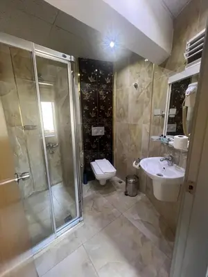 a bathroom with a shower and a toilet and a sink at ORAL hotel in Istanbul