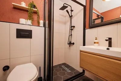 a bathroom with a shower and a toilet and a sink at Private House near Taksim in Istanbul
