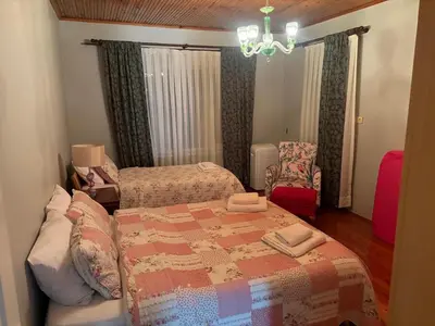 a bedroom with a bed and a couch and a chandelier at Villa Denizci in Sapanca