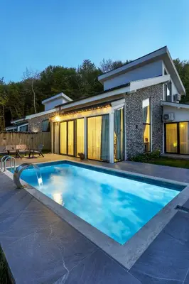 a swimming pool in front of a house at New Balturk Nature Villas in Sapanca