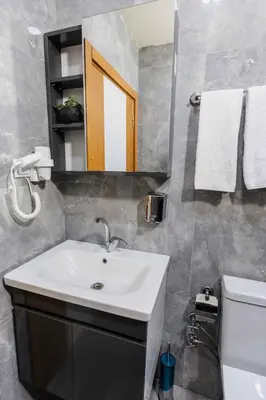 a bathroom with a sink and a mirror and a toilet at Lina Suit Hotel in Istanbul