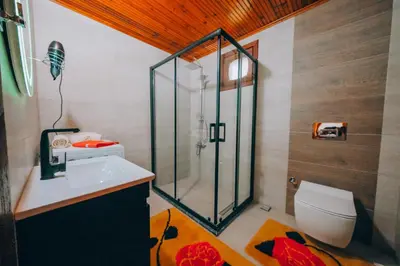 a bathroom with a shower and a toilet and a sink at Sapanca Villa Şen in Sapanca
