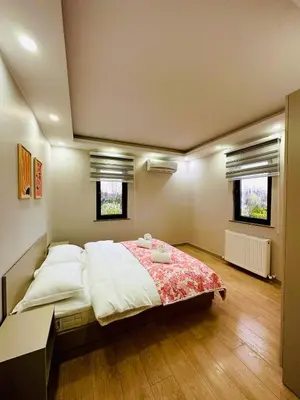 a bedroom with a large bed and two windows at Villa Casa Bianca in Sapanca