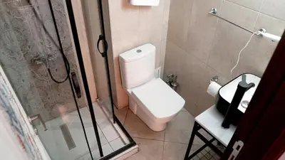 a small bathroom with a toilet and a shower at Galata Fil Hotel in Istanbul