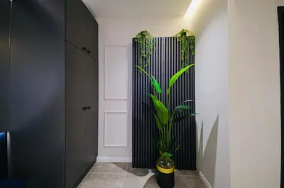 a hallway with a plant in a black and white wall at Taksim Square 1 plus 1 fully equipped air conditioned luxury apartment in Istanbul