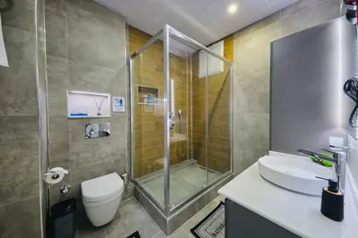 a bathroom with a shower and a toilet and a sink at Taksim Square 1 plus 1 fully equipped air conditioned luxury apartment in Istanbul