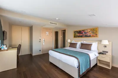 a hotel room with a large bed and a desk at Molton Monapart Mecidiyekoy in Istanbul