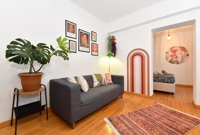 a living room with a couch and a potted plant at Cute Flat Vintage Design AC Galata in Istanbul