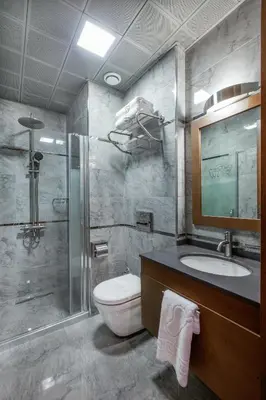 a bathroom with a toilet and a shower and a sink at Ferman Hilal Hotel-Special Category in Istanbul