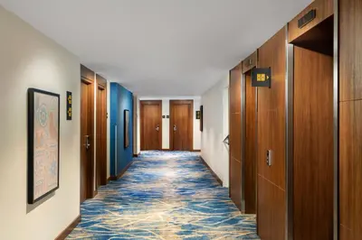 a hallway with wooden doors and a carpeted hallway at Hampton By Hilton Istanbul Sisli in Istanbul