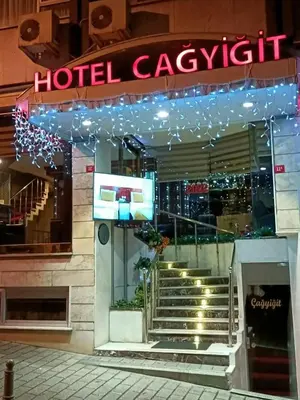 a hotel lobby with a hotel cacyitt sign at Hotel Çağyiğit in Istanbul