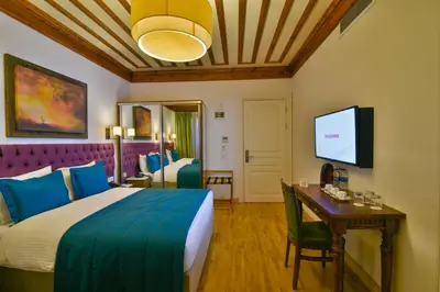 a hotel room with a bed and a desk and a tv at Istanbul Life Hotel in Istanbul