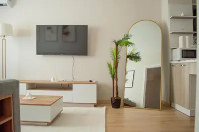 a living room with a palm tree and a tv at Luxe Suite AI28 in Esenyurt