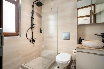 a bathroom with a shower and a toilet at Pia Homes- Gümüşsuyu in Istanbul